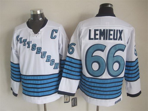 Men's Pittsburgh Penguins #66 Mario Lemieux White Stripe CCM Vintage Throwback1967 Home Jersey