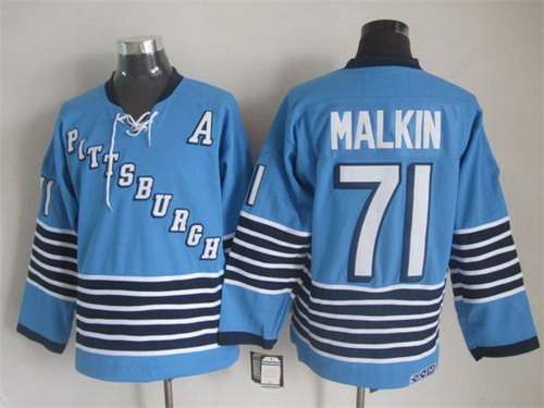 Men's Pittsburgh Penguins #71 Evgeni Malkin Light Blue CCM Vintage Throwback 1967 Away Jersey