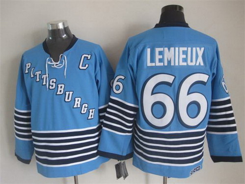 Men's Pittsburgh Penguins #66 Mario Lemieux Light Blue CCM Vintage Throwback 1967 Away Jersey