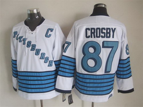 Men's Pittsburgh Penguins #87 Sidney Crosby White Stripe CCM Vintage Throwback 1967 Home Jersey
