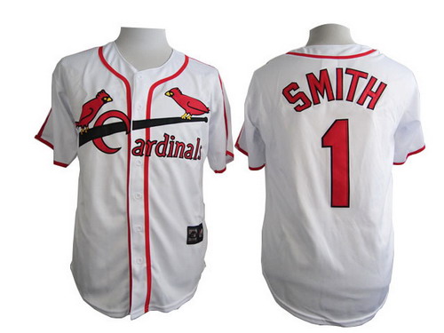 Men's St. Louis Cardinals #1 Ozzie Smith Majestic White 1947 Cooperstown Throwback Jersey with 75TH patch