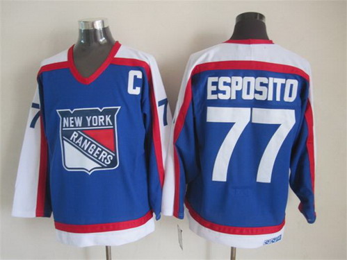 Mens New York Rangers #77 Phil Esposito Light Blue 1976 CCM Vintage Throwback NHL Hockey Jersey