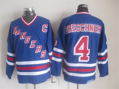 Mens New York Rangers #4 Ron Greschner Light Blue 1986 CCM Vintage Throwback NHL Hockey Jersey