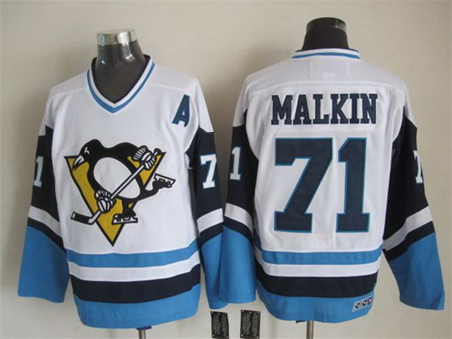 Men's Pittsburgh Penguins #71 Evgeni Malkin 1972 White With Light Blue CCM Vintage Throwback Jersey