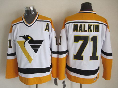 Men's Pittsburgh Penguins #71 Evgeni Malkin 1997-98 White With Yellow CCM Vintage Throwback Jersey