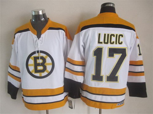 Men's Boston Bruins #17 Milan Lucic White 1970's CCM Vintage Throwback NHL Hockey Jersey