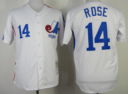 Men's Montreal Expos #14 Pete Rose 1982 White Throwback VINTAGE Jersey