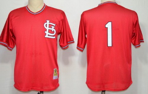 Men's St. Louis Cardinals #1 Ozzie Smith 1985 Mesh BP Red Throwback Jersey