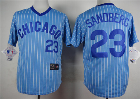 Men's Chicago Cubs #23 Ryne Sandberg 1982 Blue Pinstripe Pullover Jersey