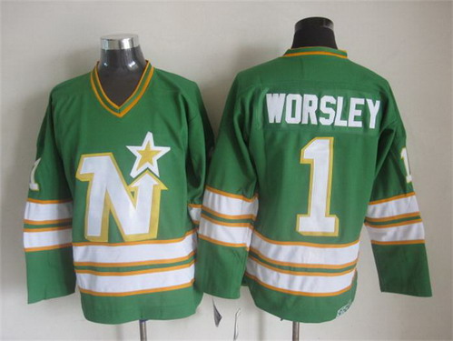 Men's Minnesota North Stars #1 Gump Worsley 1977-78 Green CCM Vintage Throwback Jersey