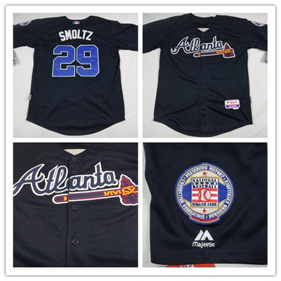 Men's Atlanta Braves Throwback Player #29 John Smoltz Alternate Navy Blue Cool Base Jersey w/Hall Of Fame Patch