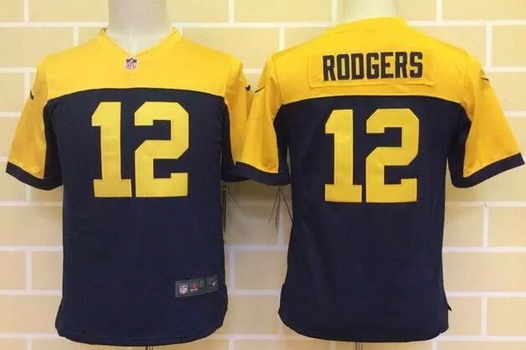 Youth Green Bay Packers #12 Aaron Rodgers Navy Blue With Gold NFL Nike Game Jersey