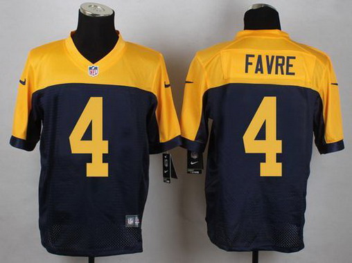 Men's Green Bay Packers Retired Player #4 Brett Favre Navy Blue Gold NFL Nike Elite Jersey
