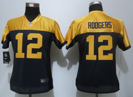 Women's Green Bay Packers #12 Aaron Rodgers Navy Blue Gold Alternate NFL Nike Limited Jersey
