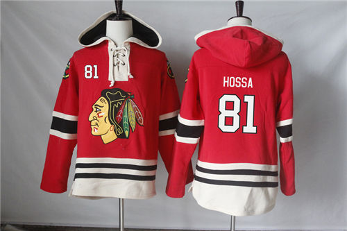 Men's Chicago Blackhawks #81 Marian Hossa Old Time Hockey Red Current Lacer Heavyweight Hoodie
