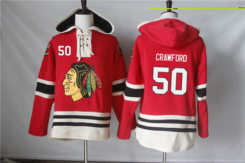 Men's Chicago Blackhawks #50 Corey Crawford Old Time Hockey Red Current Lacer Heavyweight Hoodie
