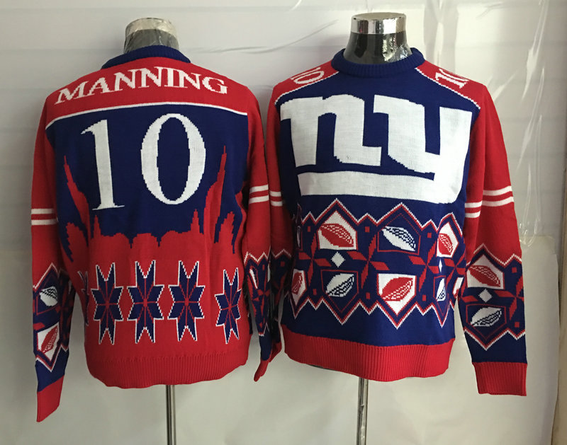 Mens New York Giants #10 Eli Manning Royal Red Embroidered NFL Sweater
