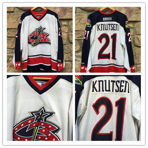 Men's Columbus Blue Jackets #21 Espen Knutsen White 2001 CCM NHL Jersey