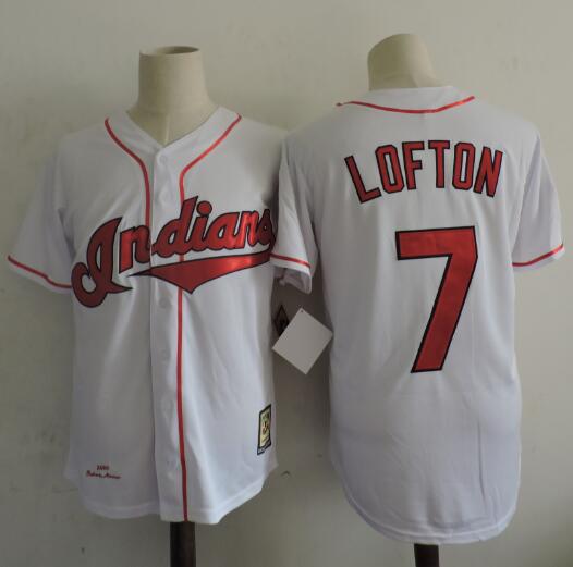 Men's Cleveland Indians Retired Player #7 Kenny LoftonWhite Throwback Vintage 1995 Game Worn World Series Jersey With World Series Patch
