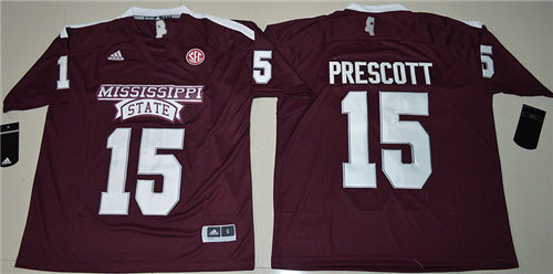 Men's Mississippi State Bulldogs #15 Dak Prescott College Football Jersey - Maroon