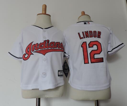 Toddler Cleveland Indians #12 Francisco Lindor Majestic Home White Home Official Cool Base Player Jersey