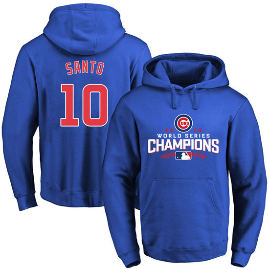 Men's Chicago Cubs Retired Player #10 Ron Santo Royal 2016 World Series Champions Walk Pullover Hoodie