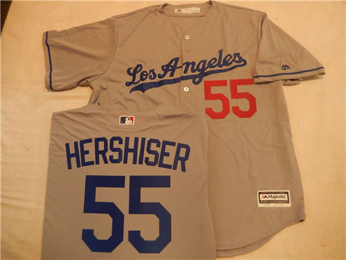 Men's Los Angeles Dodgers #55 OREL HERSHISER Gray COOL BASE Baseball Jersey with 1988 World Series Patch