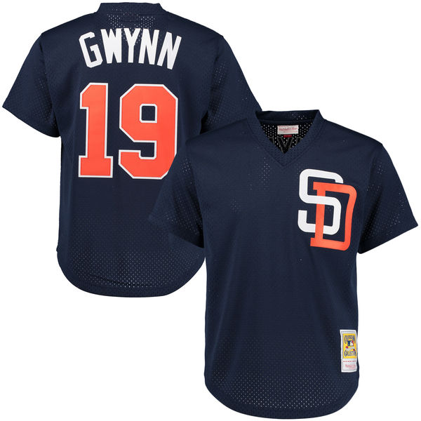 Men's San Diego Padres #19 Tony Gwynn Mitchell & Ness Navy Cooperstown Mesh Batting Practice Jersey