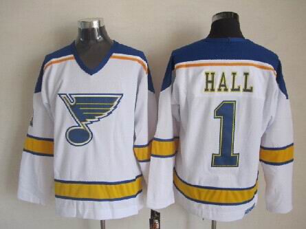 Men's St. Louis Blues #1 Glenn Hall White 1967 CCM Vintage Throwback Away NHL Hockey Jersey