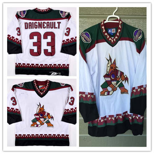 Men's Phoenix Coyotes #33 J. J. Daigneault White 1998 CCM Vintage Throwback NHL Hockey Jersey