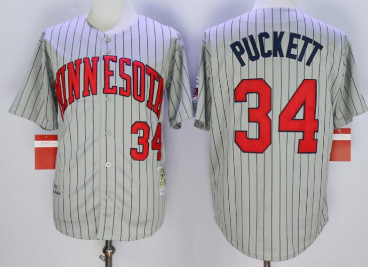 Men's Minnesota Twins #34 Kirby Puckett Grey 1987 Throwback VINTAGE Baseball Jersey