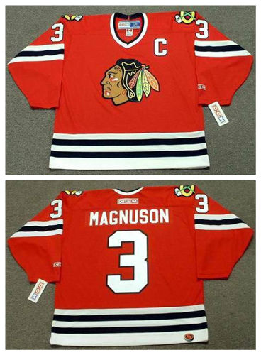 Men's Chicago Blackhawks #3 KEITH MAGNUSON 1977 CCM Throwback Away NHL Hockey Jersey