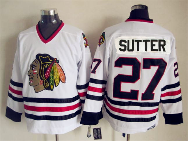 Men's Chicago Blackhawks #27 Darryl Sutter 1984-85 White CCM Vintage Throwback NHL Hockey Jersey