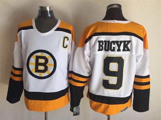 Men's Boston Bruins #9 JOHNNY BUCYK White 1966 CCM Vintage Throwback Away NHL Hockey Jersey