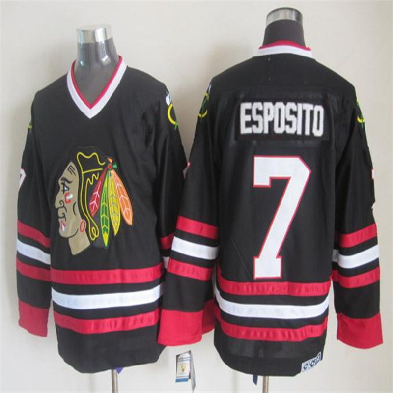 Men's Chicago Blackhawks #7 Tony Esposito Black Throwback CCM Jersey