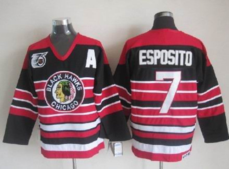 Men's Chicago Blackhawks #7 Tony Esposito Black Pinstripe 75TH Throwback CCM Jersey