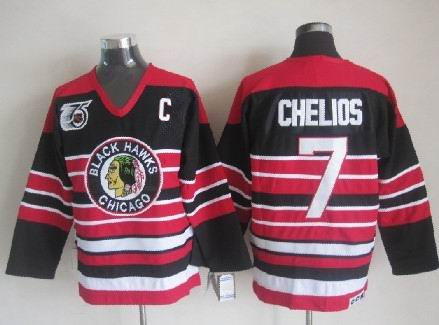 Men's Chicago Blackhawks #7 CHRIS CHELIOS 1992 CCM Throwback Black Pinstripe Away Hockey Jersey