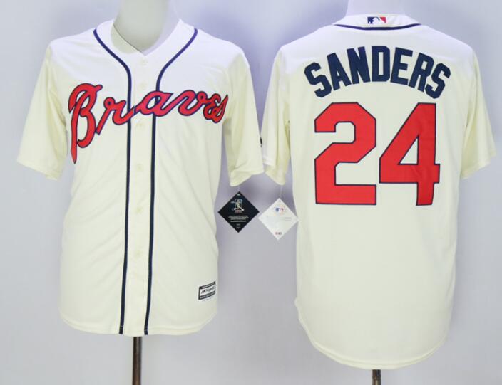 Men's Atlanta Braves Throwback Player #24 Deion Sanders Cream Cool Base Baseball Jersey