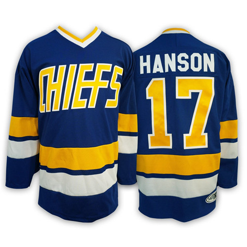 Mens Hanson brothers Charlestown CHIEFS #17 Steve HANSON Away Blue Jersey
