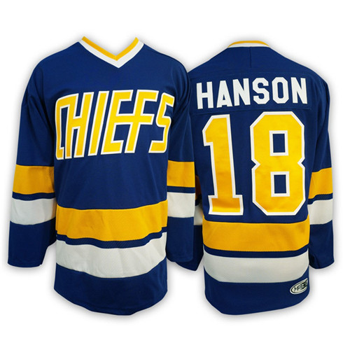 Mens Hanson brothers Charlestown CHIEFS #18 Jeff HANSON Away Blue Jersey
