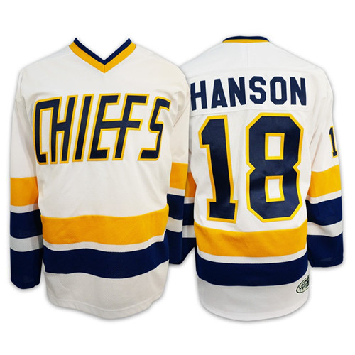 Mens Hanson brothers Charlestown CHIEFS #18 Jeff HANSON Home White Jersey