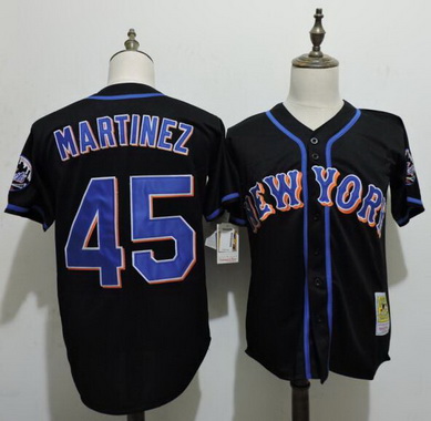 Men's New York Mets #45 Pedro Martinez 2004 Alternate Road Black New York Throwback Vintage Jersey