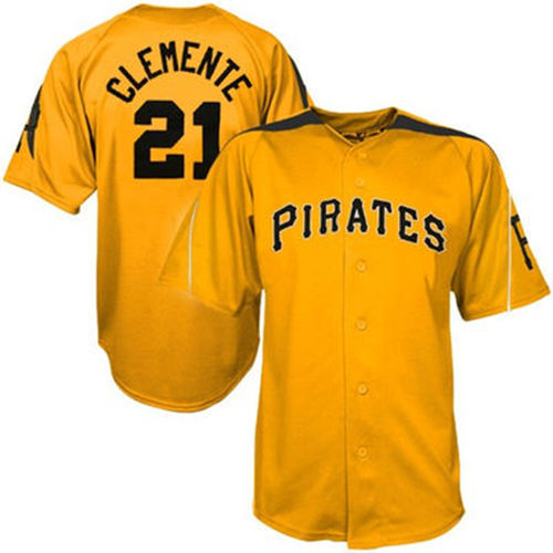 Men's Pittsburgh Pirates Retired Player #21 Roberto Clemente Gold Majestic Throwback Baseball Jersey