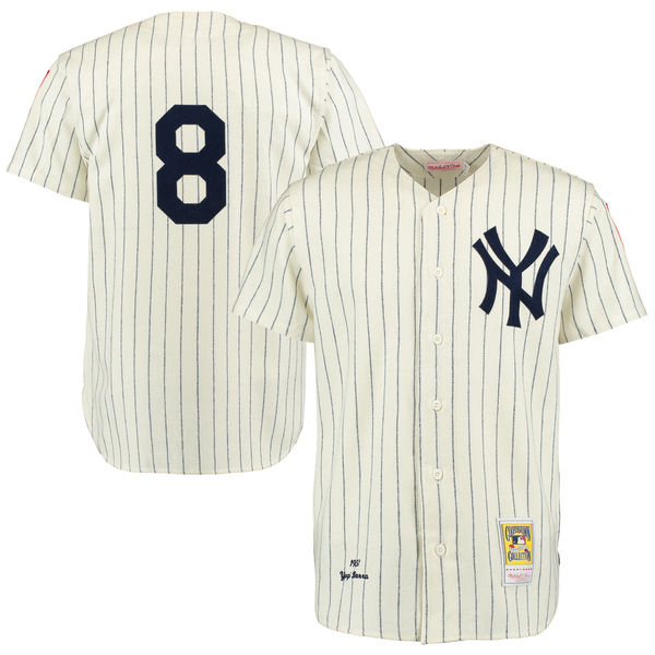 Men's New York Yankees Retired Player #8 Yogi Berra Mitchell & Ness Cream Navy Throwback 1951 Authentic Jersey
