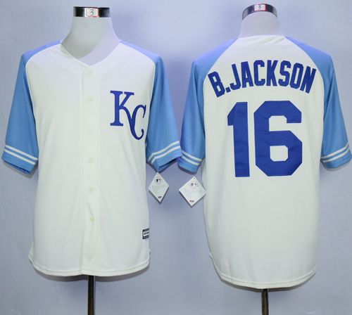 Men's Kansas City Royals Retired Player #16 Bo Jackson Cream KC Cool base Baseball Jersey