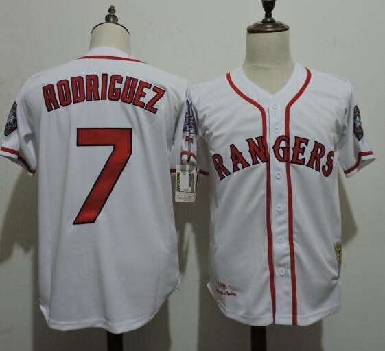Men's Texas Rangers #7 Ivan Rodriguez White 1995 All-Star Patch Cooperstown Throwback Jersey