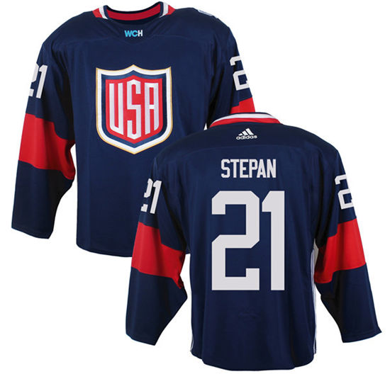 Men's US Hockey #21 Derek Stepan Navy Blue adidas 2016 World Cup of Hockey  Game Jersey
