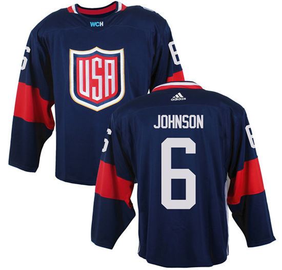 Men's US Hockey #6 Erik Johnson Navy Blue adidas 2016 World Cup of Hockey  Game Jersey