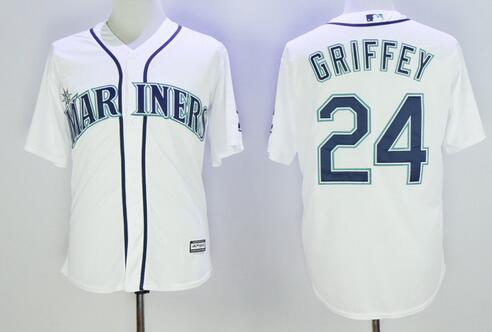 Men's Seattle Mariners #24 Ken Griffey Jr. White Cooperstown Collection Cool Base Jersey W 2016 Hall Of Fame Patch