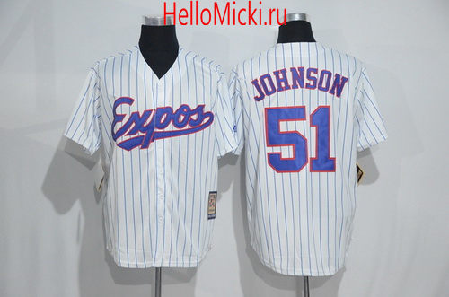 Men's Montreal Expos #51 Randy Johnson 1982 White Pinstripe Majestic Cool Base Cooperstown Collection Player Jersey